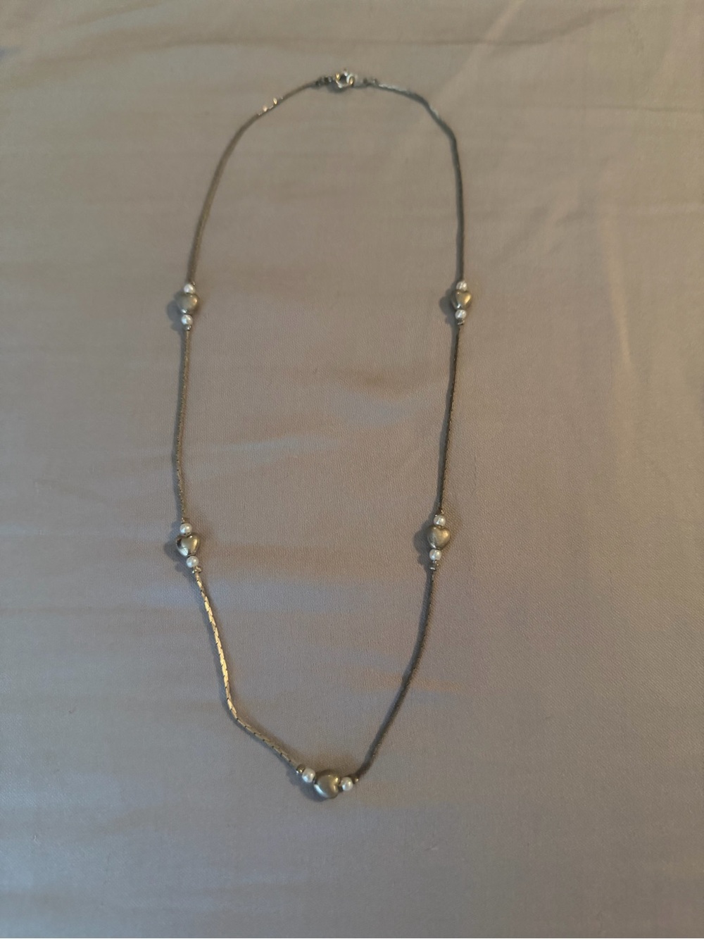 Delicate Silver Pearl and Hearts Accent Necklace - Women Jewelry